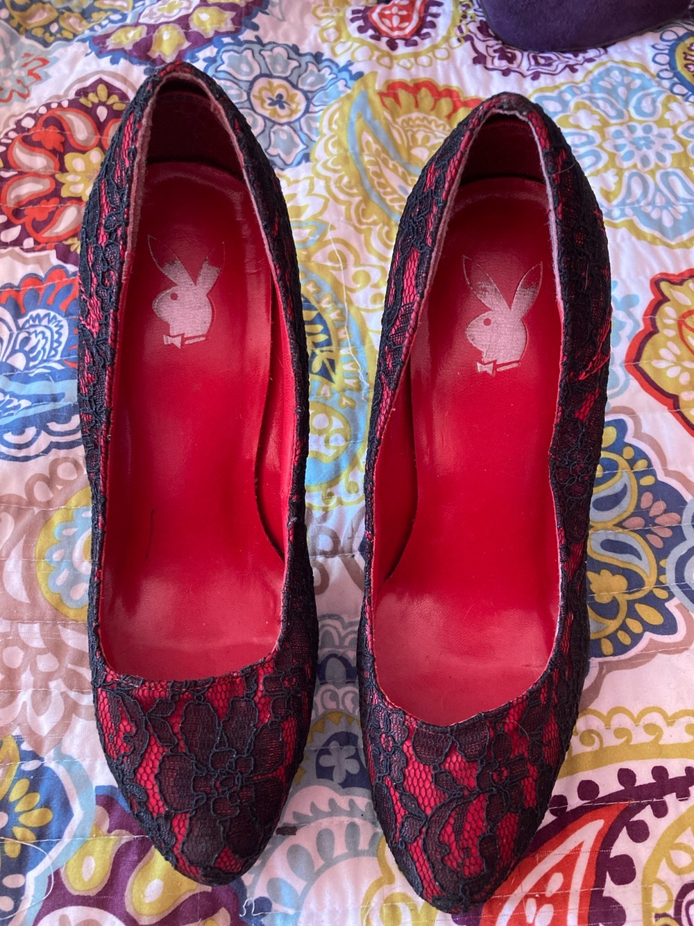 PLAYBOY Red and Black Lace Pointed-Toe Pumps